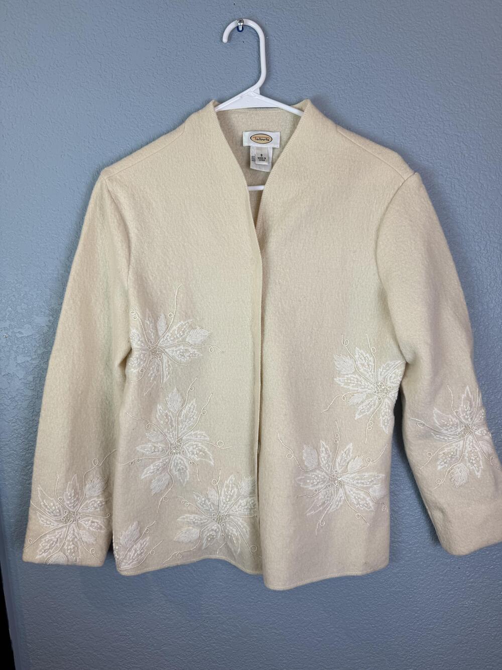 Talbots Sweater Womens Small Wool Embroidered Floral Beaded Open Front Jacket